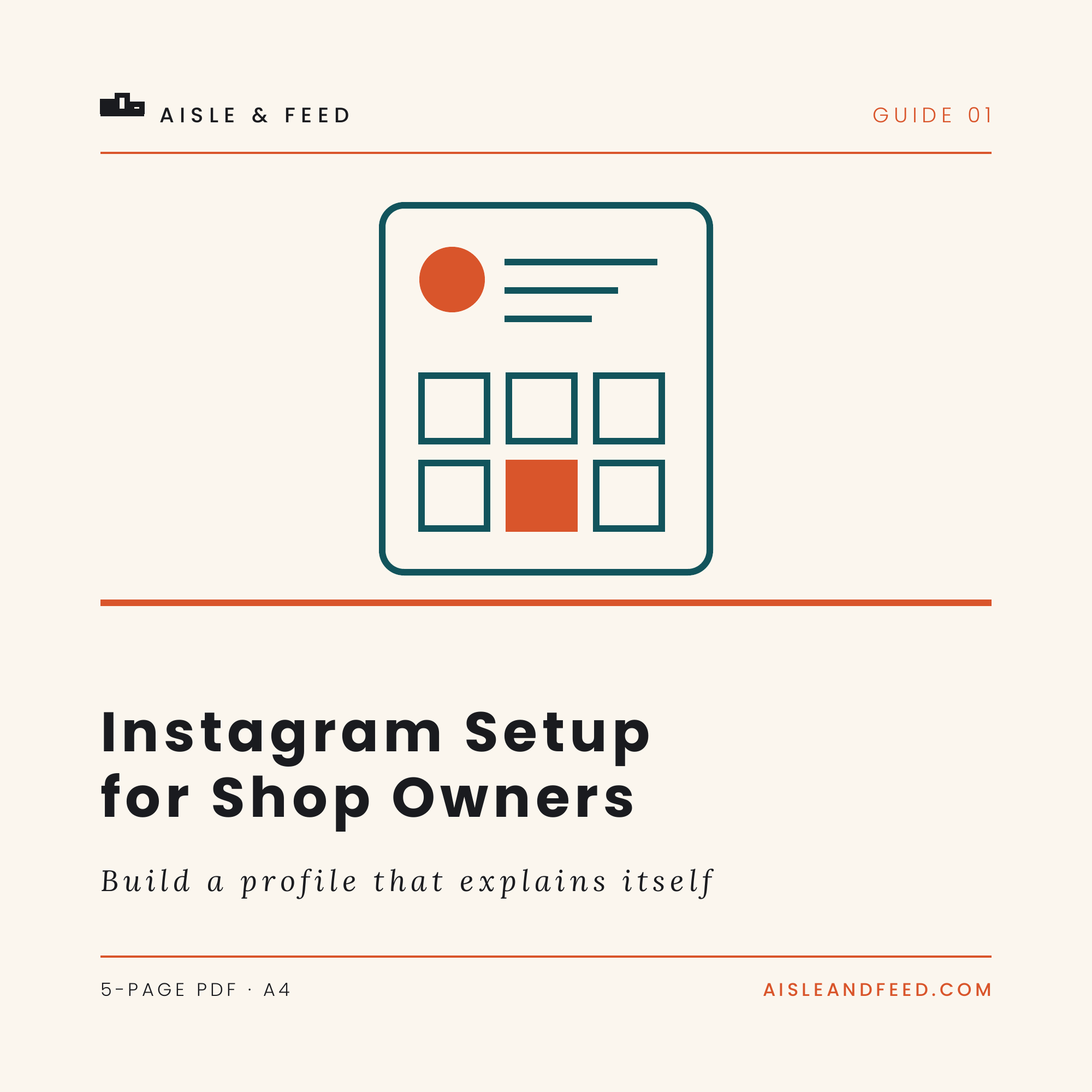 Cover of Instagram Setup for Shop Owners, a 5-page PDF guide from Aisle & Feed